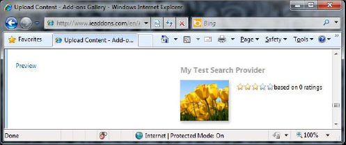 IE Add-Ons Gallery upload page preview pane