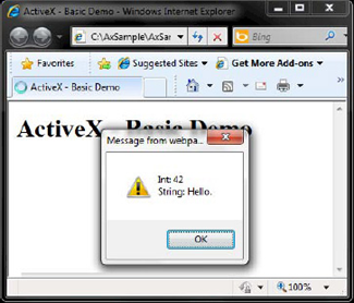 Dialog confirming read/write success to properties on the sample ActiveX control