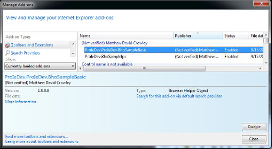 BHOs shown in the Manage Add-Ons dialog