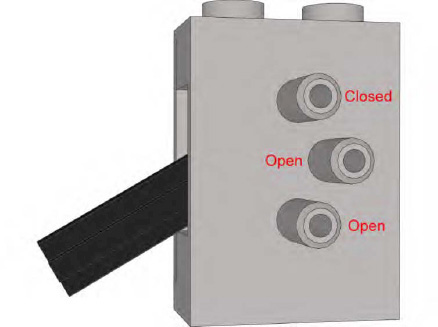 This LEGO air switch in the down position opens the middle and lower ports.