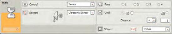 The ULTRASONIC SENSOR WAIT block's configuration panel