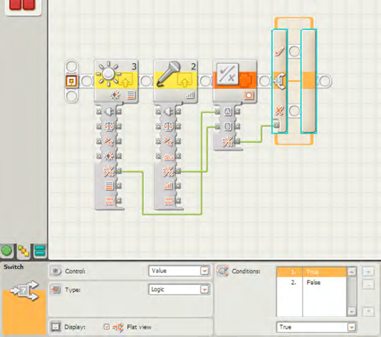 A SWITCH block will use the LOGIC block output to control SPOT's actions.