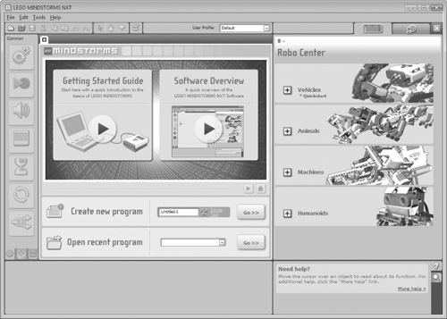 The Mindstorms NXT 2.0 IDE consists of an assortment of different specialized windows.