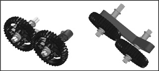 A two-gear “gear train” mounted on an angular beam.
