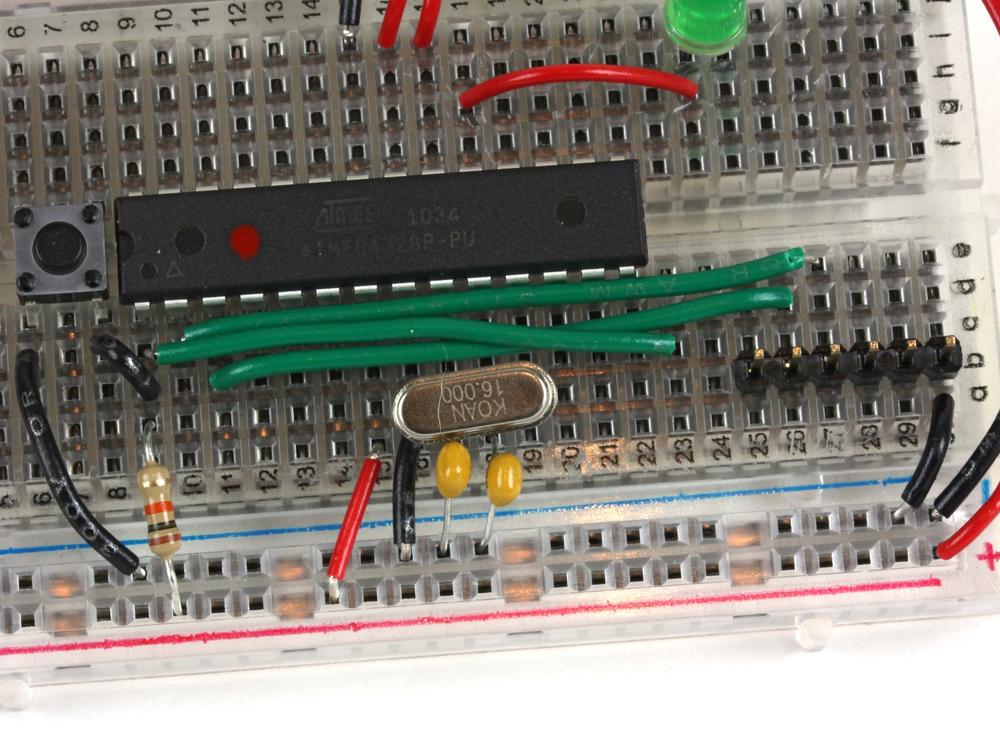 The programming header connected to the ATMega