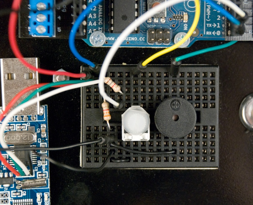 Hacked NeuroSky dongle connected to breadboard