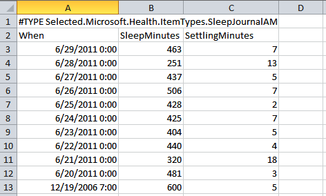 Sleep session data in an Excel spreadsheet