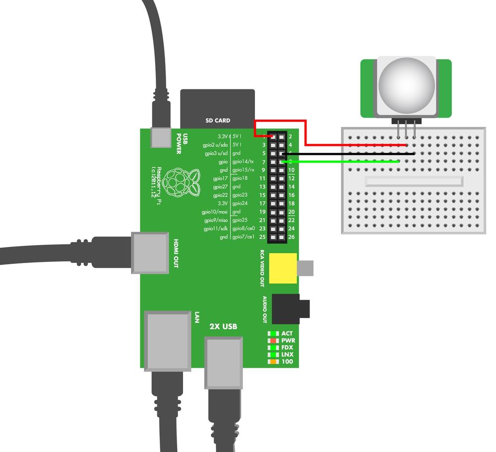 Parallax PIR sensor Rev A circuit for Raspberry Pi