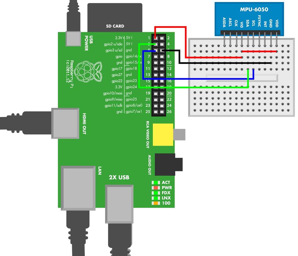 MPU 6050 six-axis accelerometer circuit for Raspberry Pi