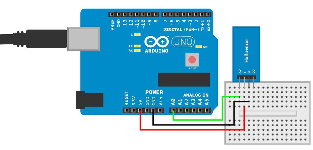 Arduino connections for the Hall effect sensor