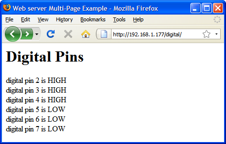 Browser output showing digital pin values