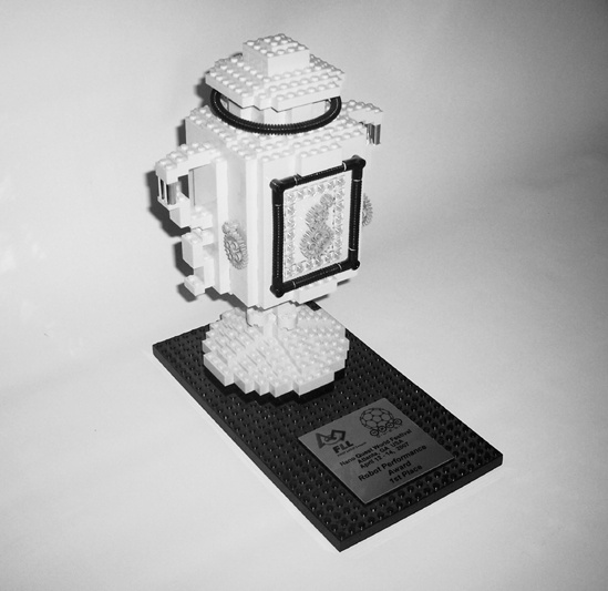 An FLL trophy, made out of LEGO pieces