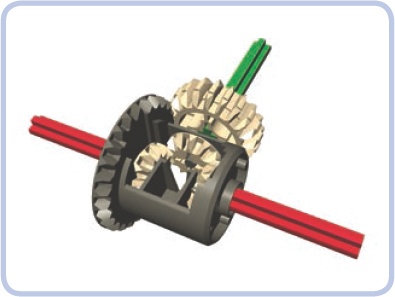 The differential has one green input axle but two red output axles.
