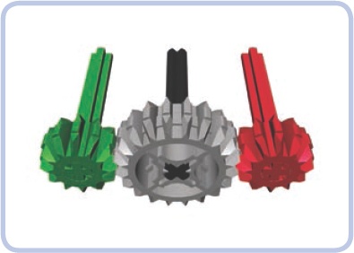 Three gears meshed one by one, with the idler gear in grey. The idler’s axle serves only as its mounting point.