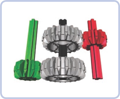 The middle gears in this picture are idler gears. Both are meshed with only one gear, but they are mounted on the same axle and are of exactly the same size, which means that they work just as a single gear would.