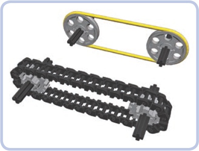 Two pulleys with a rubber band (yellow) and two gears with a chain (black). The two systems share the same working principles.