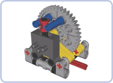 This high-precision valve-switching mechanism makes use of a worm gear and a 40-tooth gear to ensure accuracy. The red bush on the valve’s lever improves it further by reducing backlash. Note that there is no safety clutch in this assembly; because the mechanism multiplies the motor’s torque by a factor of 40, there is a chance that some pieces may be damaged if the motor doesn’t stop at the right moment. To lessen this risk, a clutch can be added between the valve and the motor.