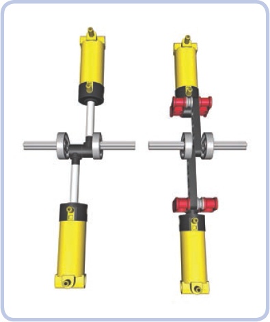 Two cylinders connected to a single cam directly (left) and through sliders (right). You can see that the sliders allow the cylinders to stay aligned, while direct connection forces one of them to be moved by 1 stud.