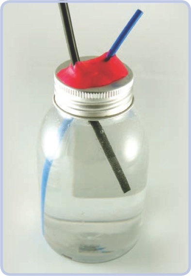 A small plastic bottle with a metal cap makes for a very good container. The dark grey elastic hose delivers air, while the blue rigid one lets the water out (note that it can be extended by putting another elastic hose on its end). The cap was punctured in two places to let the hoses through and then sealed with modeling clay (pink).