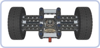This is what a simple driven axle, also known as a live axle, can look like. The driveshaft (red) drives the 20-tooth double-bevel gear meshed with a differential case. The 5×7 studless frame braces the differential and prevents it from skipping. Note that there are two separate 7-stud-long axles connecting the differential to the wheels—axles used in this way are called halfshafts.