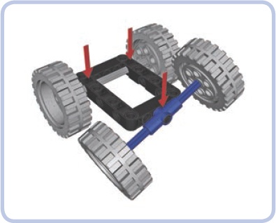 A simple chassis with four wheels, including two on a suspended axle
