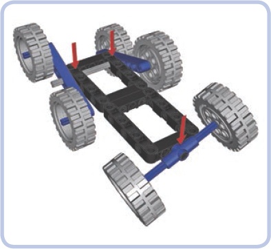 A chassis with six wheels, all suspended
