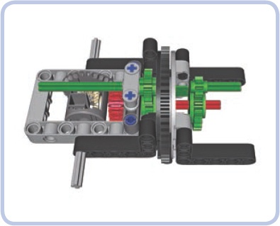 As an empty differential case rotates freely on an axle, it can be used to transfer steering over the driveshaft. Here, red pieces are acting as a driveshaft and green pieces are acting as a steering shaft without interfering with each other. Note that the steering shaft is slightly affected when the suspension tilts and the turntable rotates. Still, it’s a useful solution when the driveshaft and steering shaft need to be connected to the suspension from the same side.