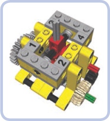 The 4-speed synchronized transmission with a single control lever moving in an H pattern. The lever is housed and supported by common LEGO pieces.
