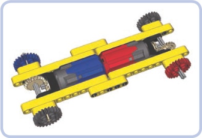 A 5-stud-wide hull with a 3-stud-wide internal space, large enough to house two PF Medium motors back to back. As the red and blue colors indicate, one motor drives the front right sprocket wheel, while the other drives the rear left one. The remaining two sprockets are idlers. Wider elements, such as the power supply, must be moved above the tracks where the hull is wider.