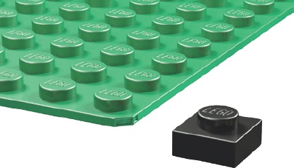A 1×1 plate is used to show the difference in thickness between a plate and a waffled baseplate.