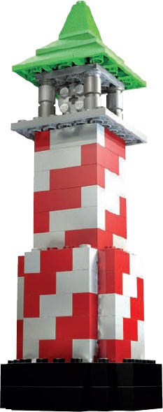 The stripe on the lighthouse is achieved by carefully placing just two different colors of bricks. Try building this model using red and white elements with brown or dark grey for the base.