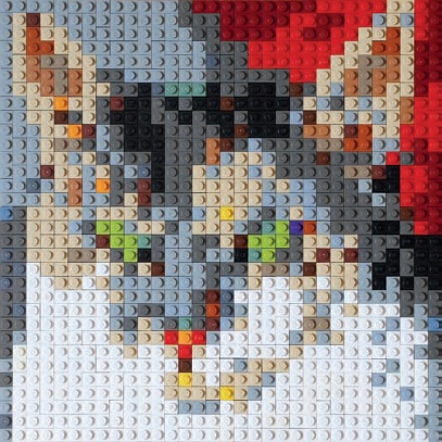 Izzy the cat becomes Izzy the LEGO mosaic. Remember to step back a few feet and let your eyes see the bricks as one image and not as individual elements.