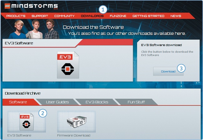 The download page on the LEGO MINDSTORMS EV3 website. Here, you can also download additional content, such as a user guide or additional programming blocks.