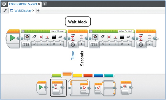 The WaitDisplay program contains two Wait blocks in Time mode to pause the program after displaying text on the EV3 screen.