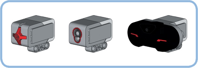 The EV3 set comes with a Touch Sensor (left), a Color Sensor (middle), and an Infrared Sensor (right).
