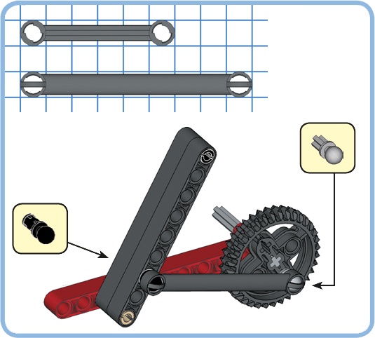This modified version of the dynamic structure uses a steering link instead of a beam. You connect a steering link to a round hole or a cross hole using tow ball pins, as shown.