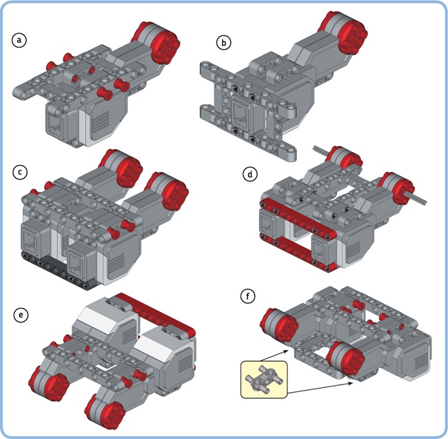 Adding frames to a motor makes it easier to mount the motor in a robot. For example, you can create a base for a vehicle robot by joining two Large Motors using frames, beams, and friction pins in various ways.
