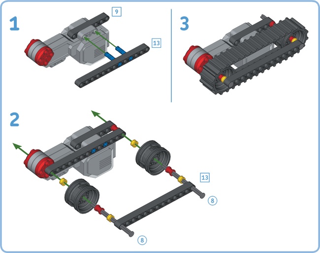 You can connect a tank tread to the Large Motor using two 13M beams and two 8M axles with stops.