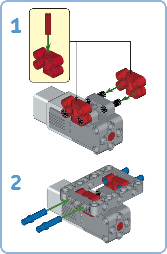 You can attach the Medium Motor to a frame so that it’s easy to mount between the two Large Motors of a vehicle robot. For example, you can remove the frame in example e in Figure 10-26 and put this construction in its place.