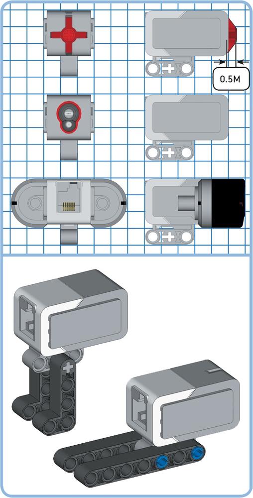 The geometry of the sensors in the EV3 set (top) and attaching them to your robot (bottom)