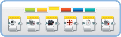 From left to right: Brick Buttons block, Color Sensor block, Infrared Sensor block, Motor Rotation block, Timer block, and Touch Sensor block