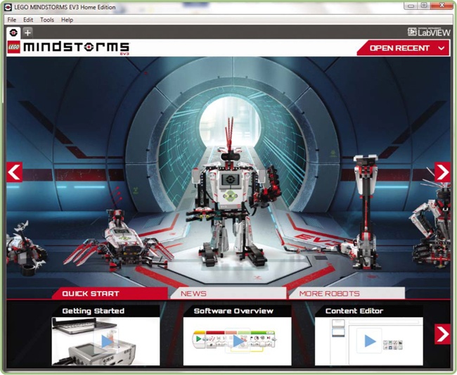 The Lobby screen for the EV3 Home Edition software