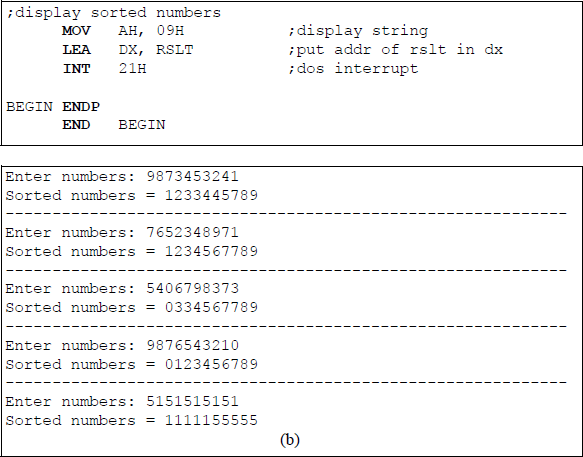 Figure showing program to sort ten single-digit integers in ascending numerical order using a macro: (a) the program and (b) the outputs.