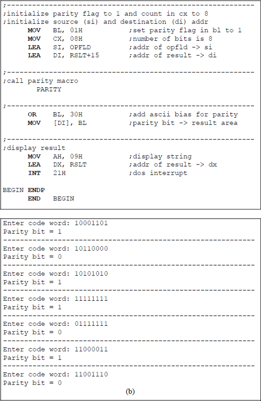 Figure showing program to generate the odd parity bit for an 8-bit code word: (a) the program and (b) the outputs.