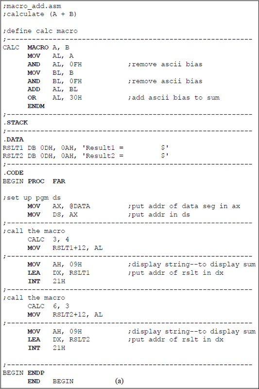 Figure showing assembly language program invoking the CALC macro twice to add two single-digit integers: (a) the program and (b) the outputs.