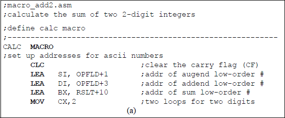 Figure showing program that uses a macro to add two 2-digit operands: (a) the program and (b) the outputs.