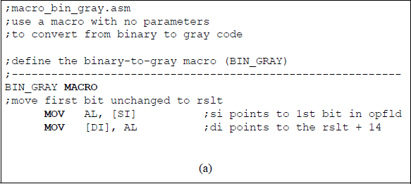 Figure showing an assembly language program to translate an 8-bit binary code word to the corresponding Gray code word: (a) the program and (b) the outputs.