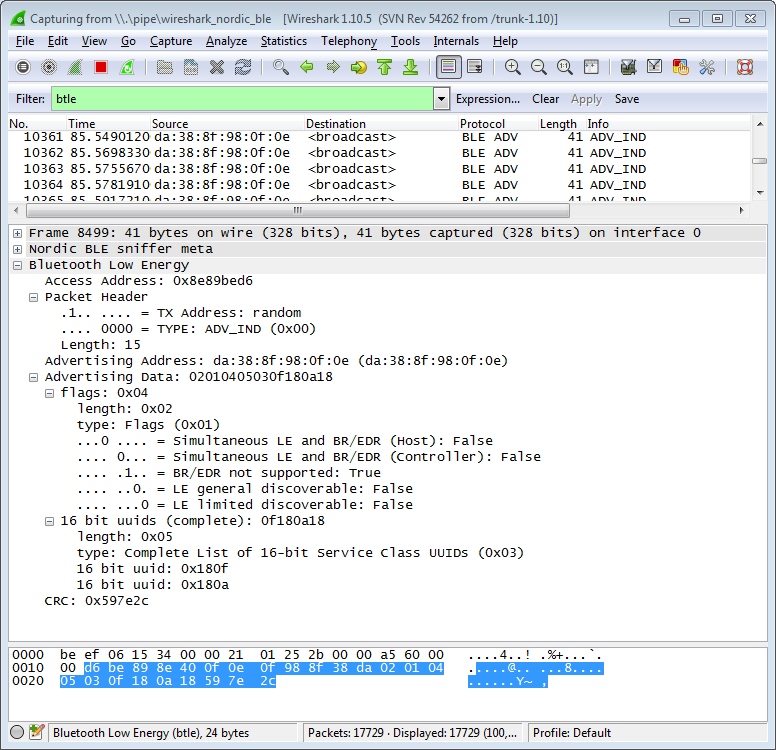 Nordic Semiconductor’s PCA10000 breakout with the Wireshark plugin