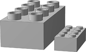 A standard 2x4 brick and a 2x4 Duplo brick help demonstrate the 1:2 scale.