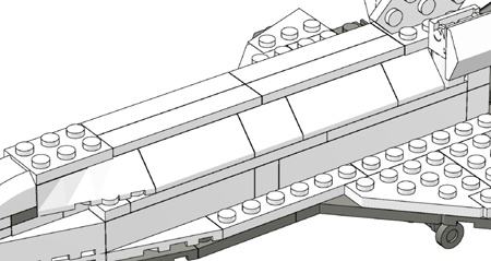 On this small model, you only repeated a few tiles and slopes to make the cargo bay doors. On a larger scale version of the shuttle, you will find yourself using much more repetition.